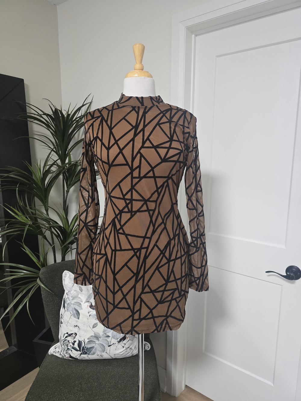 Brown Geometric Long-Sleeve Mock Neck Dress